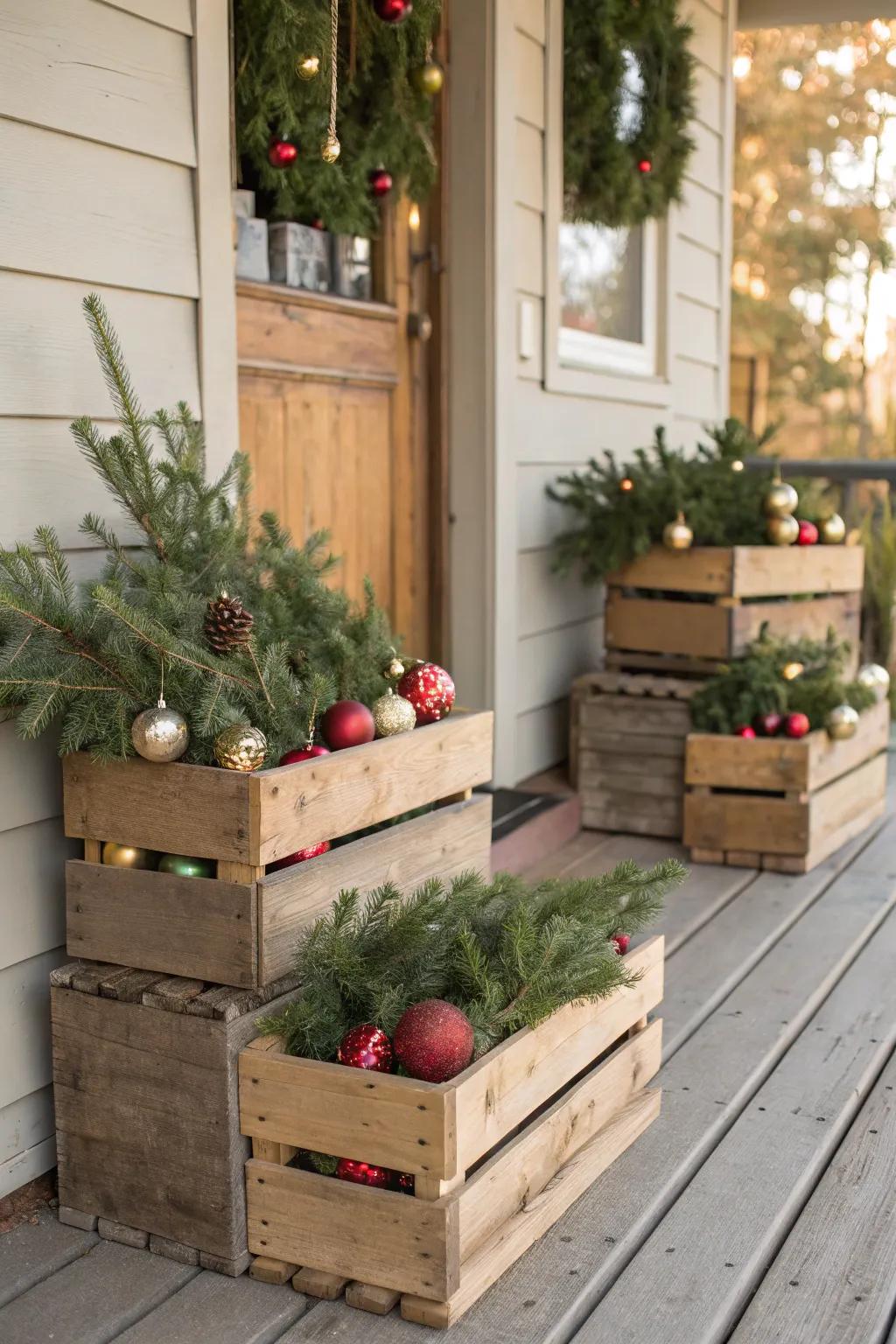 Country-style boxes populated with celebratory dÃ©cor introduce perspective to the porch.