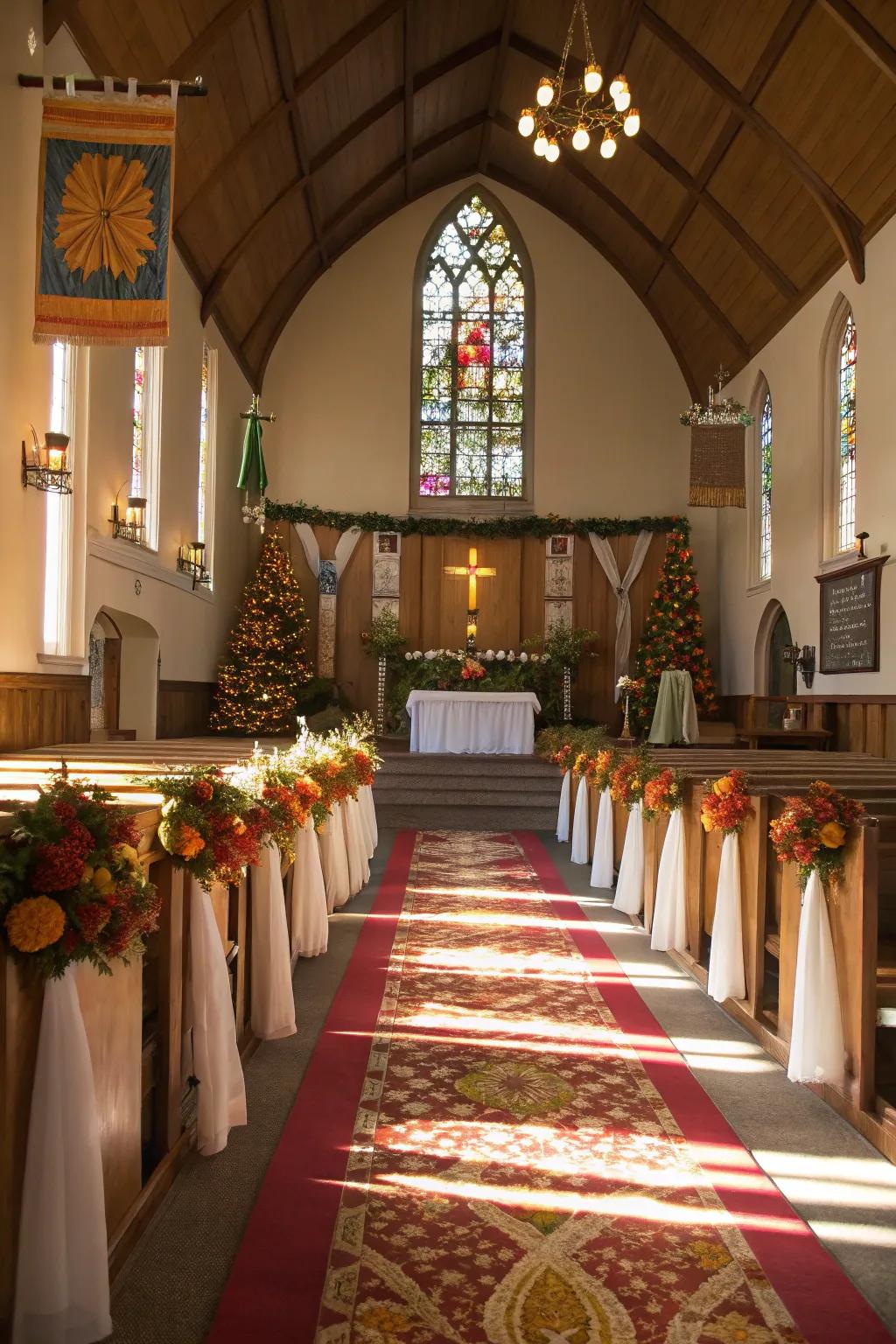 Church interior with periodic textile accents.
