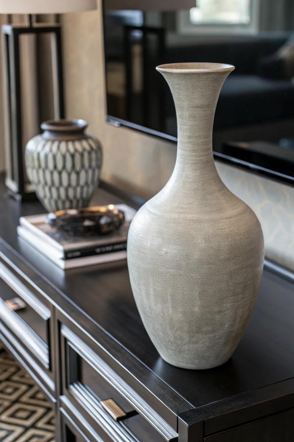 A monochrome earthenware vase offering simple style and refinement.