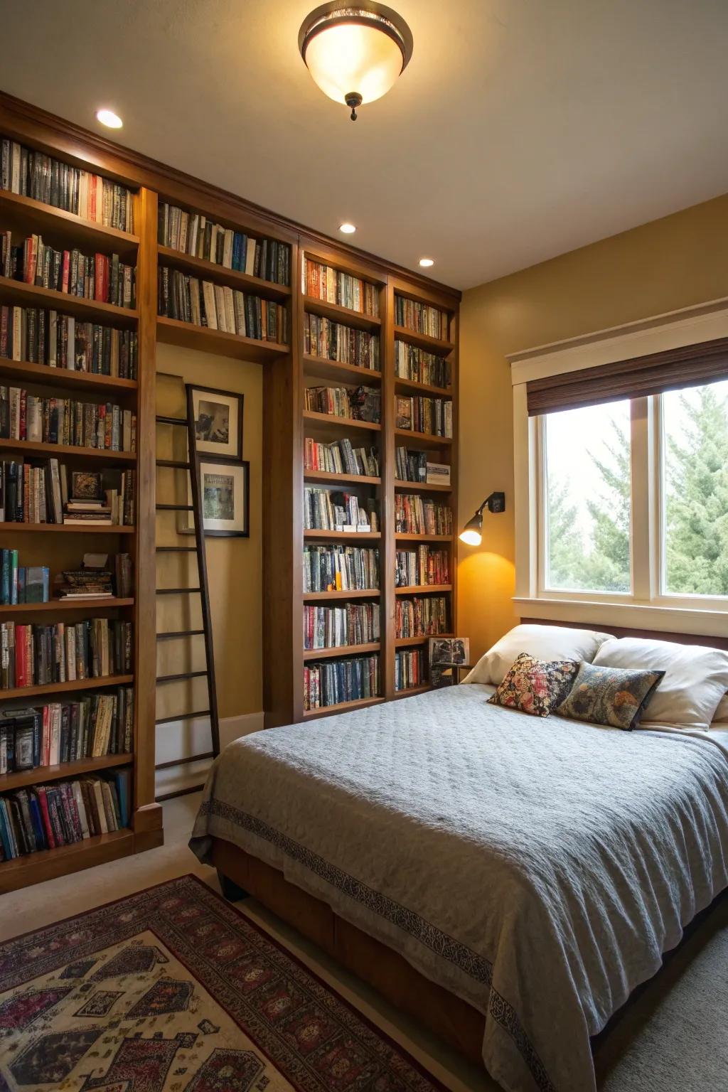 Making use of vertical space introduces arrangement and style to the bedroom.