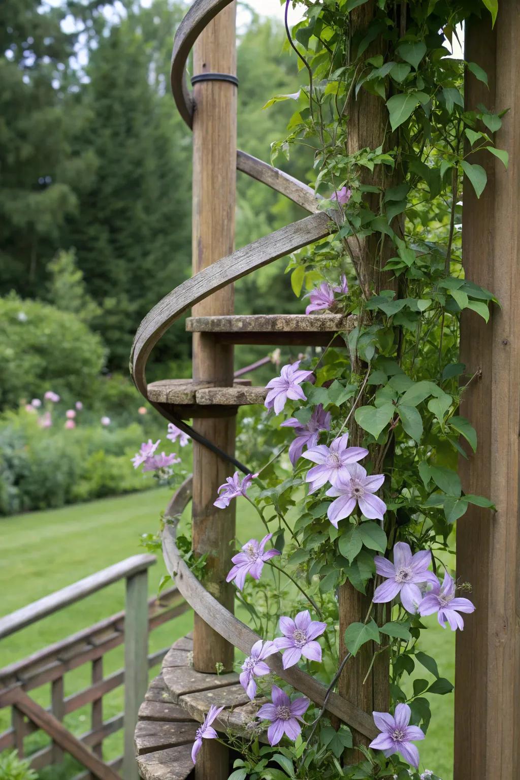 A spiral climbing support makes a dynamic visual with clematis climbers.