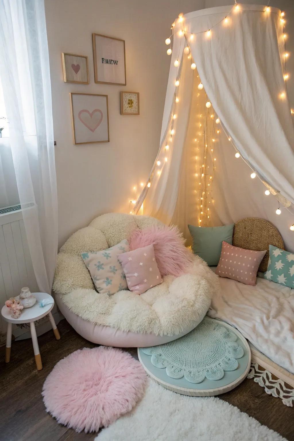 Sky-shaped seating offers a playful and cozy spot for guests to unwind.