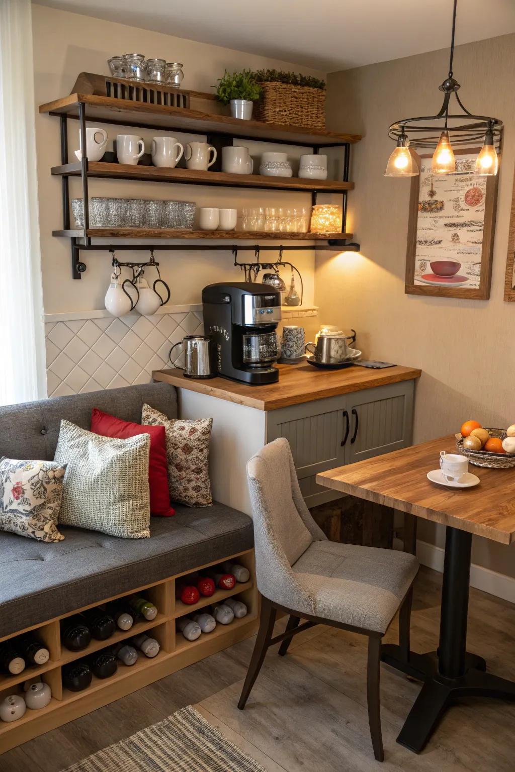 A beverage alcove transforms coffee breaks into special occasions with a cozy setup.