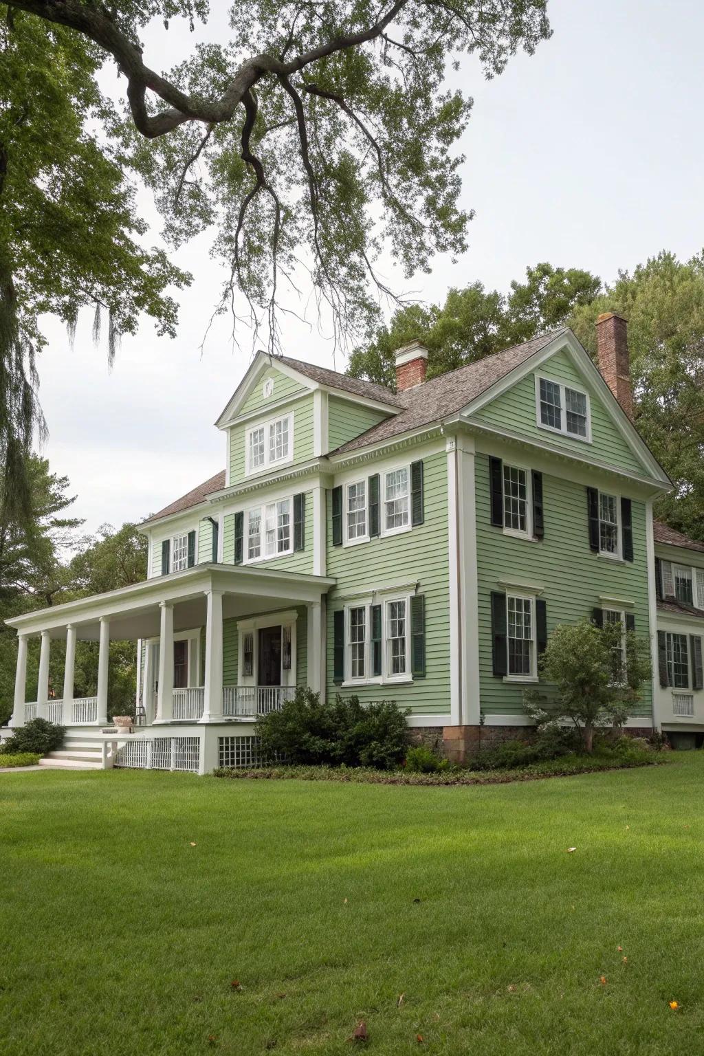Colonial dwelling featuring celadon siding and ivory trim.