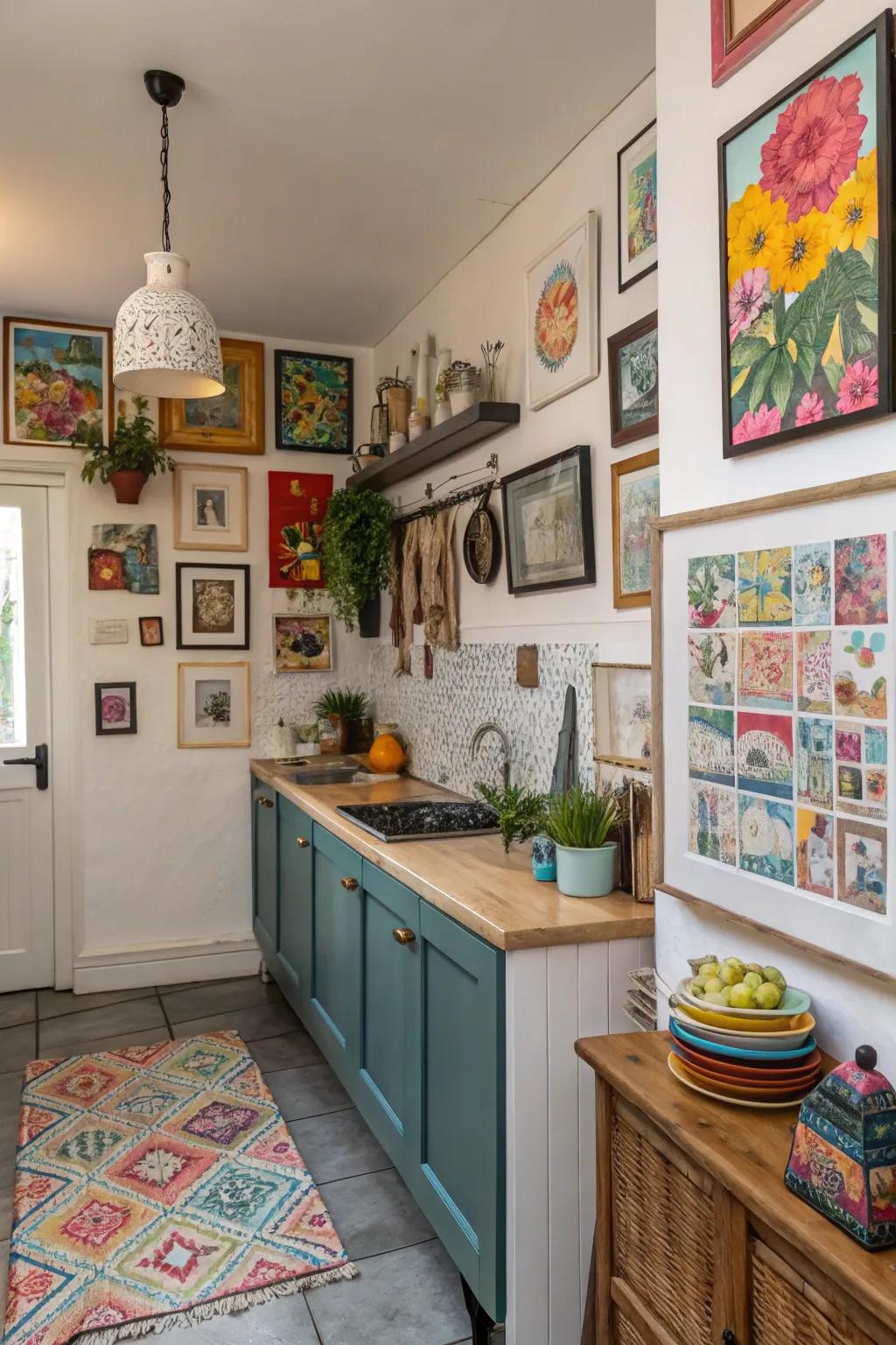 Unconventional art pieces convert the kitchen into a personal display.