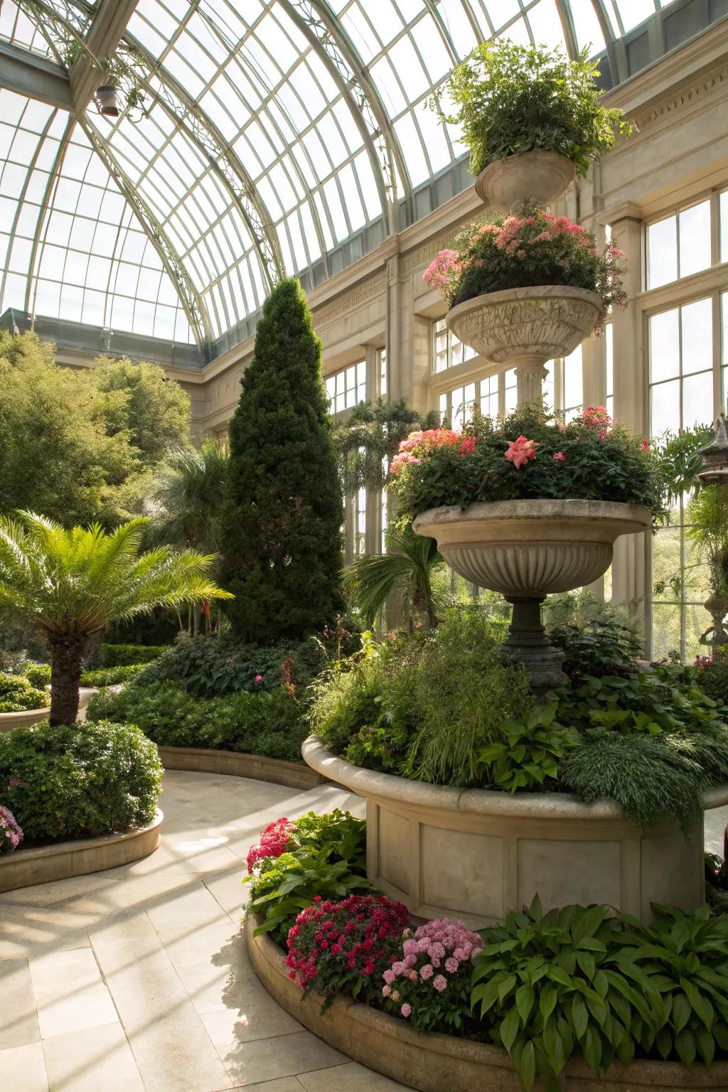 Tiered vegetation displays establishing a vibrant showing in a sunroom.