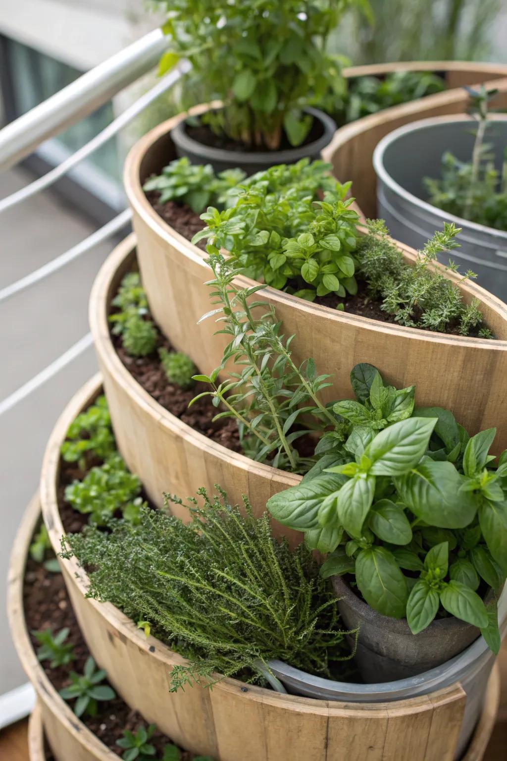 An herb spiral maximizing space and aromas.