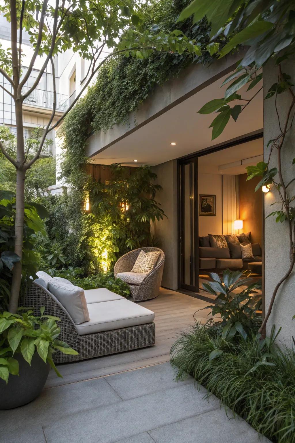 A hidden nook provides privacy and tranquility on a patio.