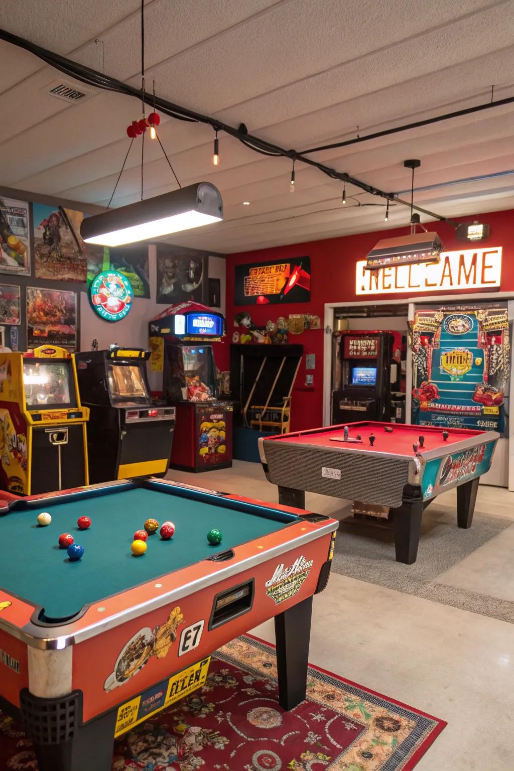 A lively recreation space setup in a garage.