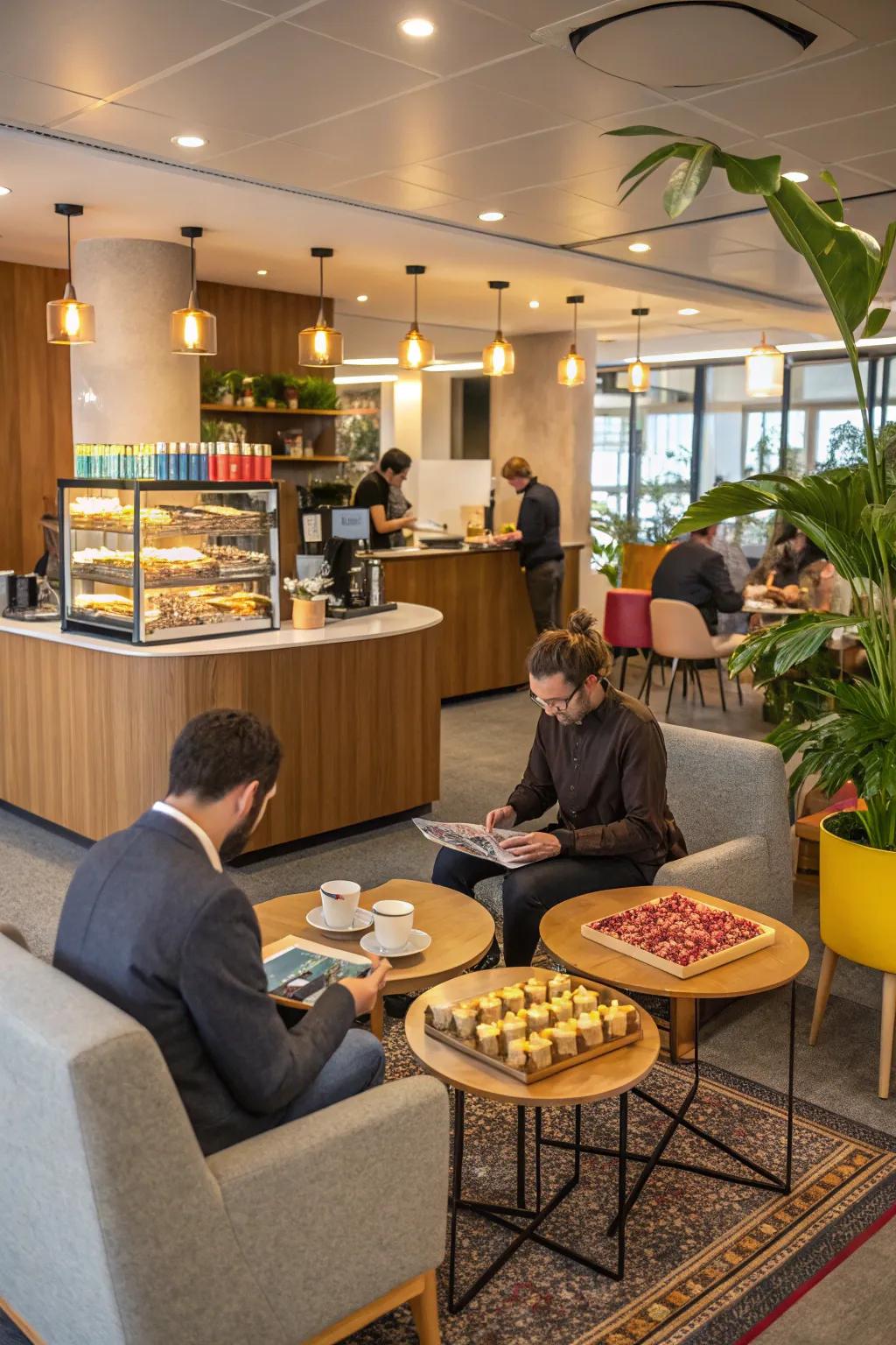 Office space with a café vibe for informal interactions and relaxation.