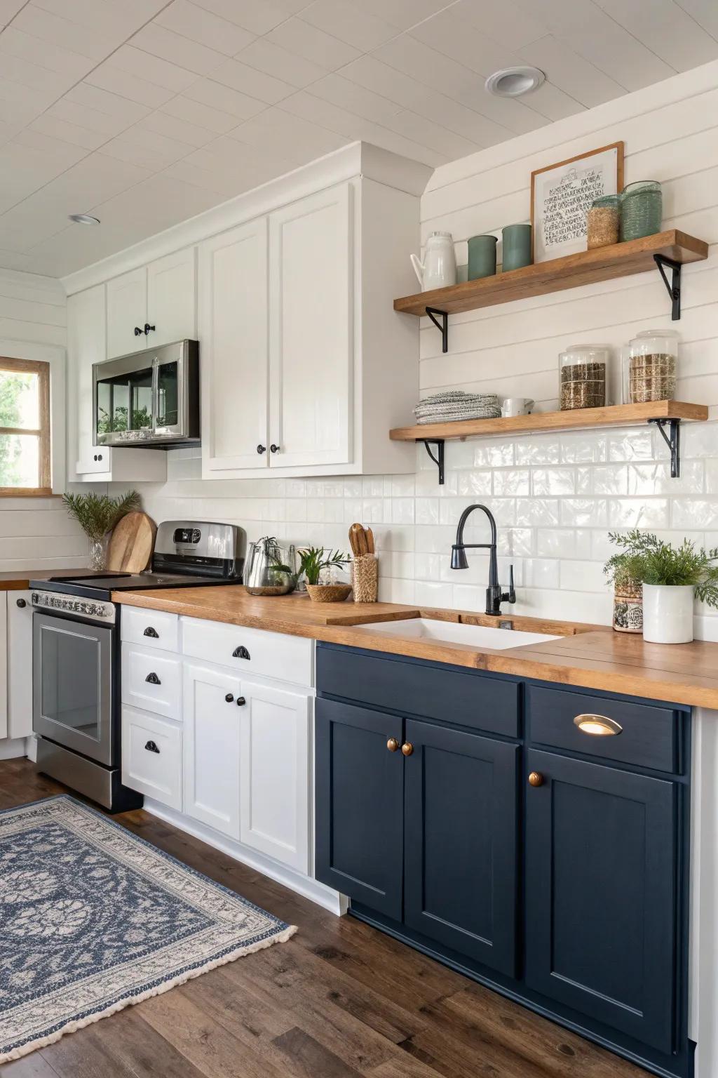 Cabinets in contrasting shades contribute depth and style to this kitchen.