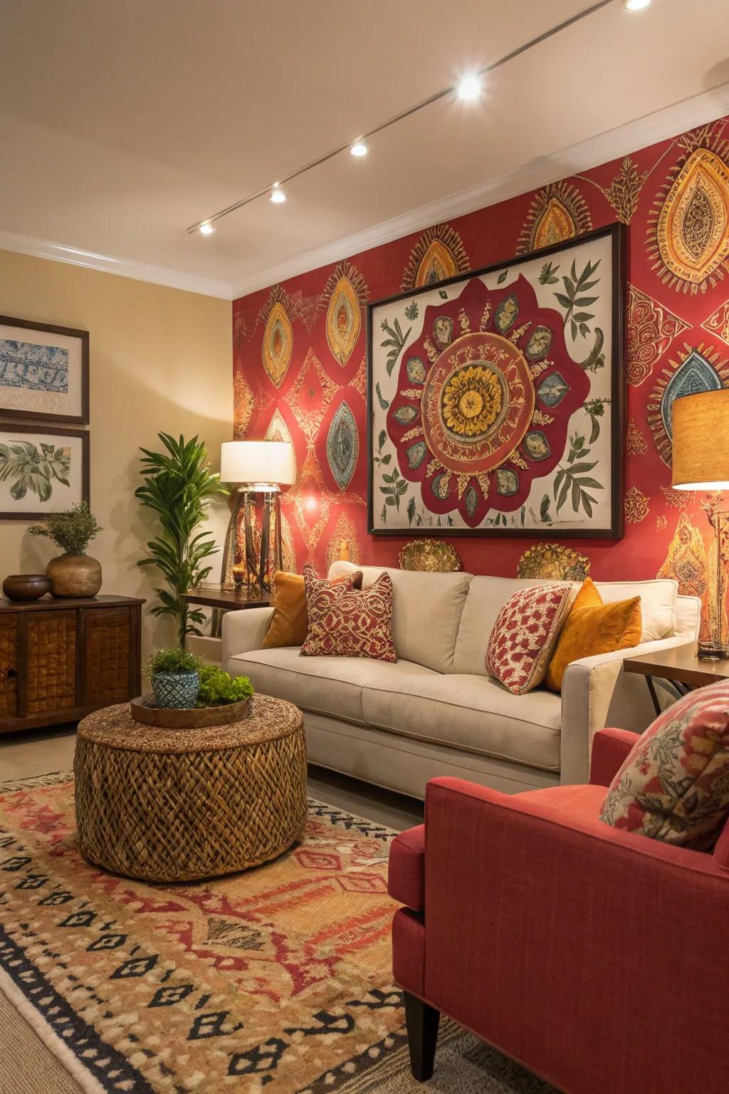 A vibrant accent wall creates a striking impression in the room.