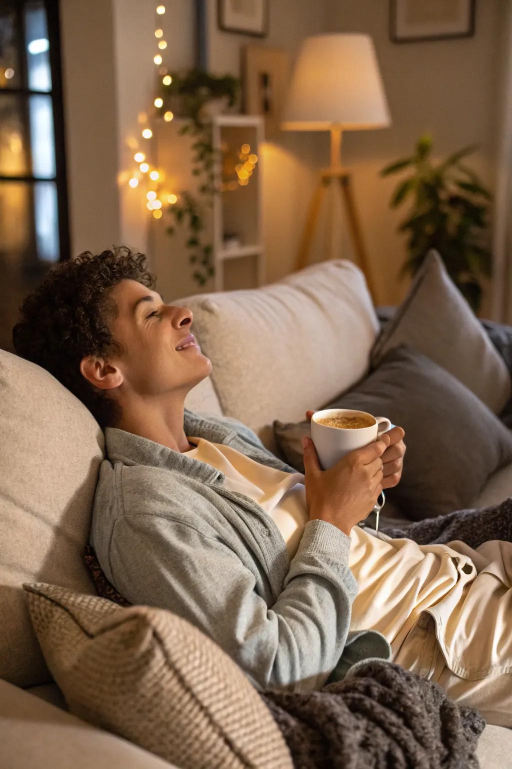 Couch and coffee capture the essence of a relaxed morning.
