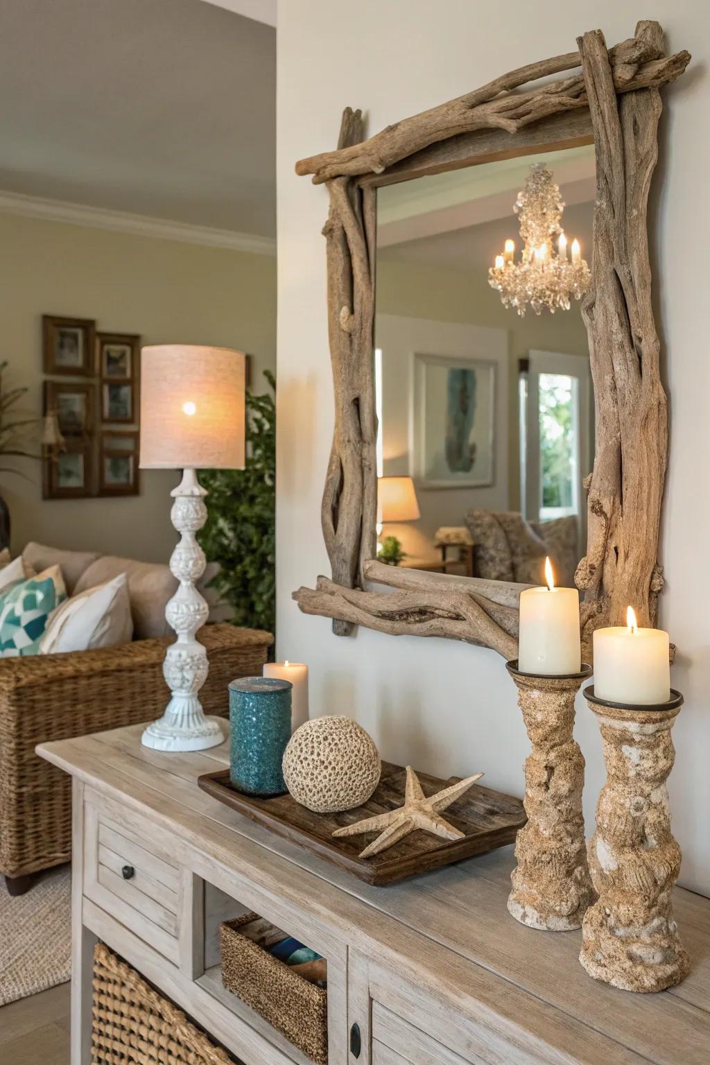 Driftwood decoration combines countryside appeal with shoreline elegance.