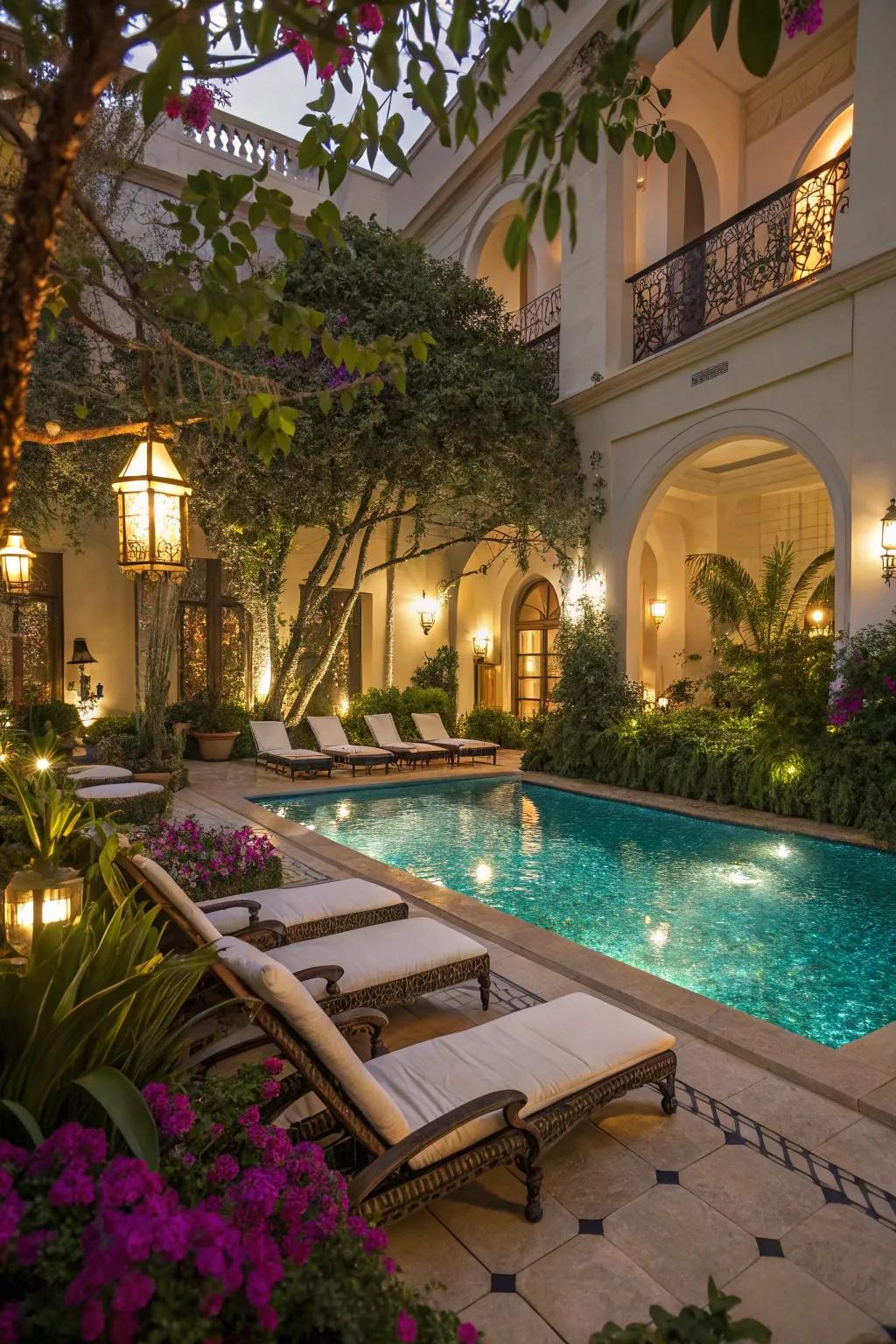 Waterside lighting crafts a vibrant, resort-like vibe in the courtyard.