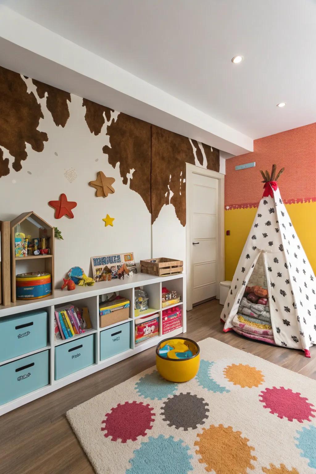 A fun kids' den exhibiting chic hide wall aesthetic.