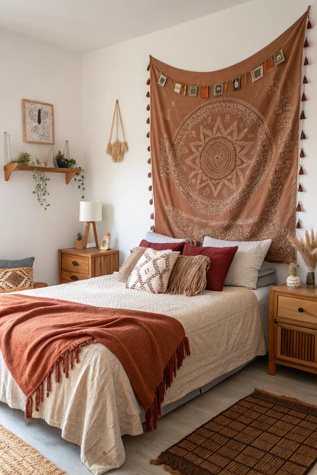 A bedroom enhanced by a brown-toned wall drape adding depth.