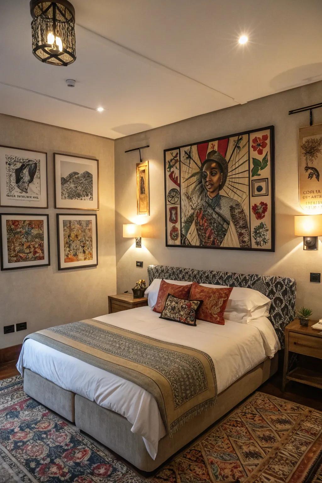 Unusual art pieces contribute a personal flourish and a 'wow' factor to the room.