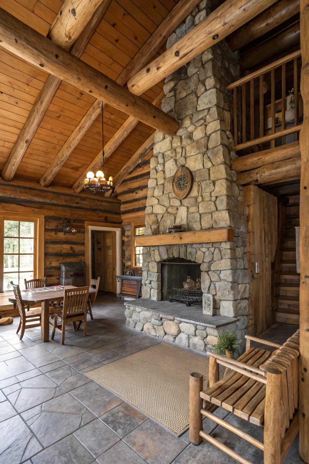 Stonework wonderfully contrasts with wood in a log cabin interior.
