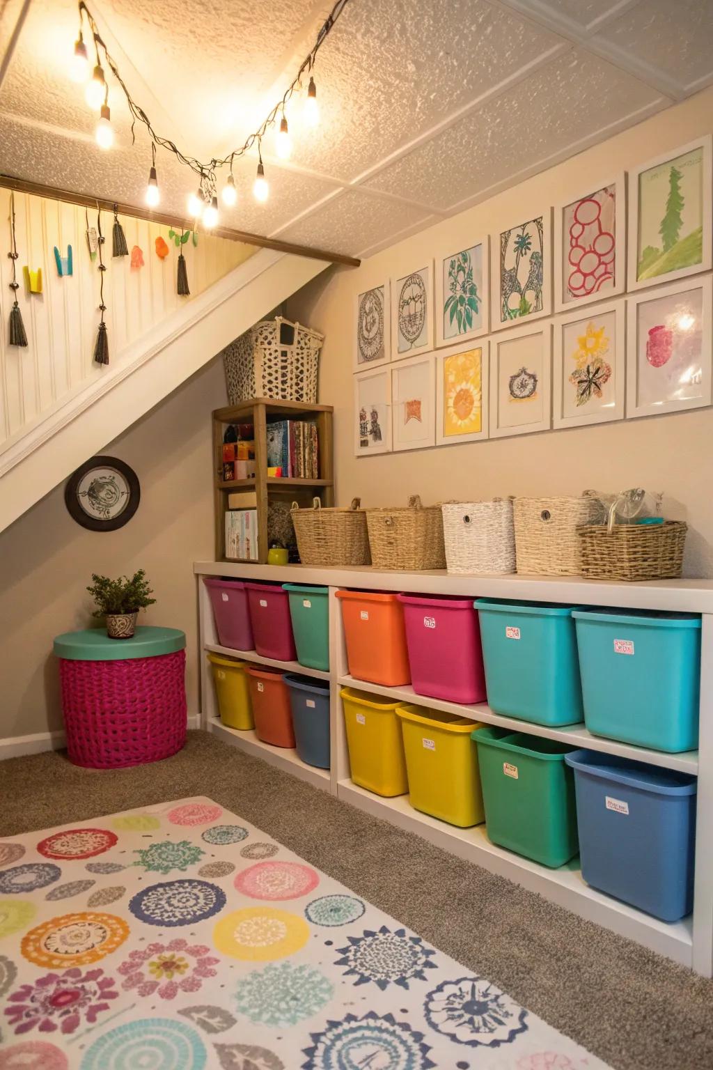 Add personality to your crawl space with decorative elements.