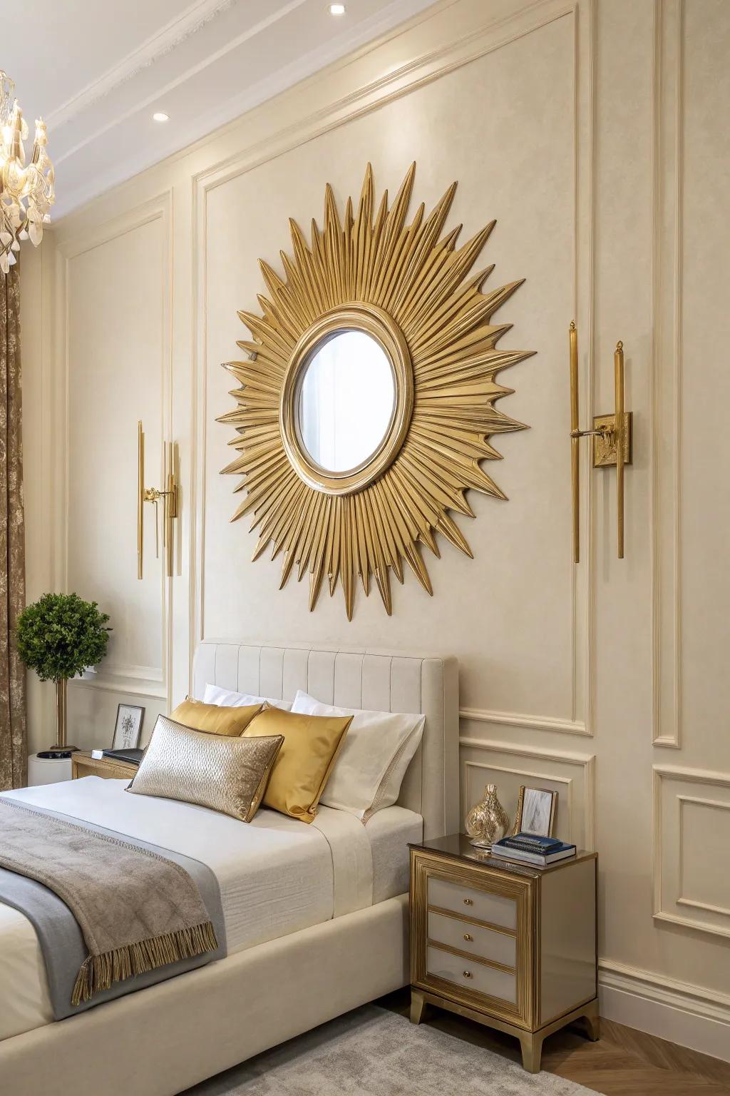 A gold sunburst mirror imparts dramatic flair and refinement.