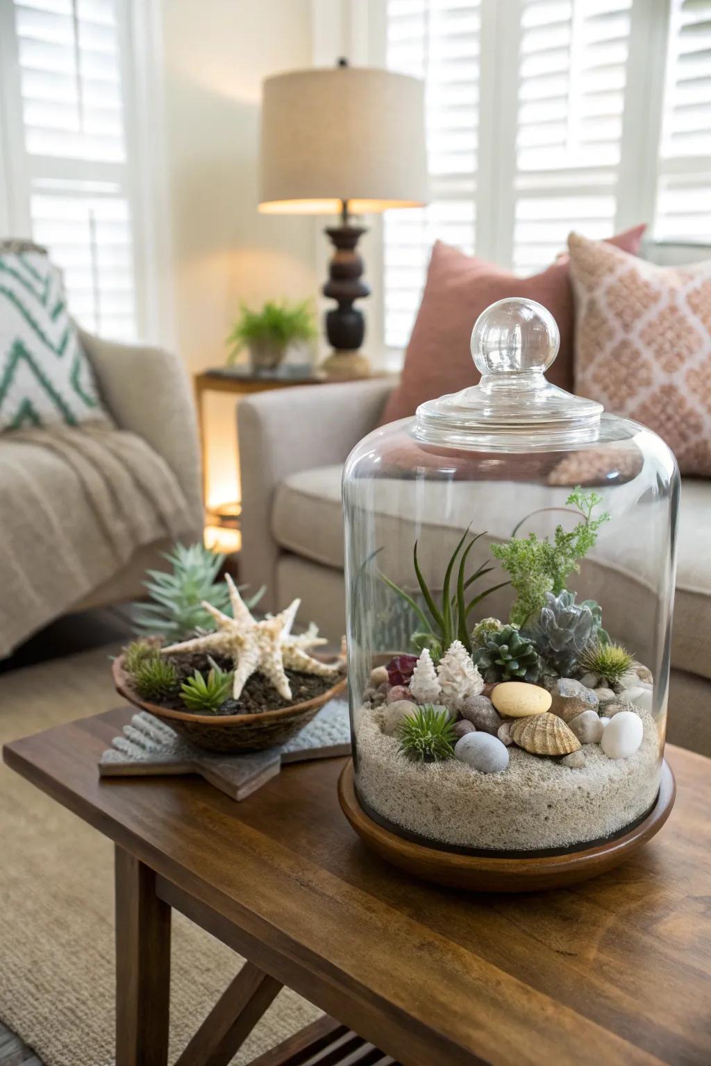 A glass container garden that delivers a hint of the shore indoors.