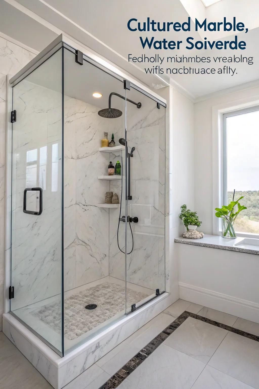 Eco-conscious elements complement the elegance and sustainability of mineral composite showers.