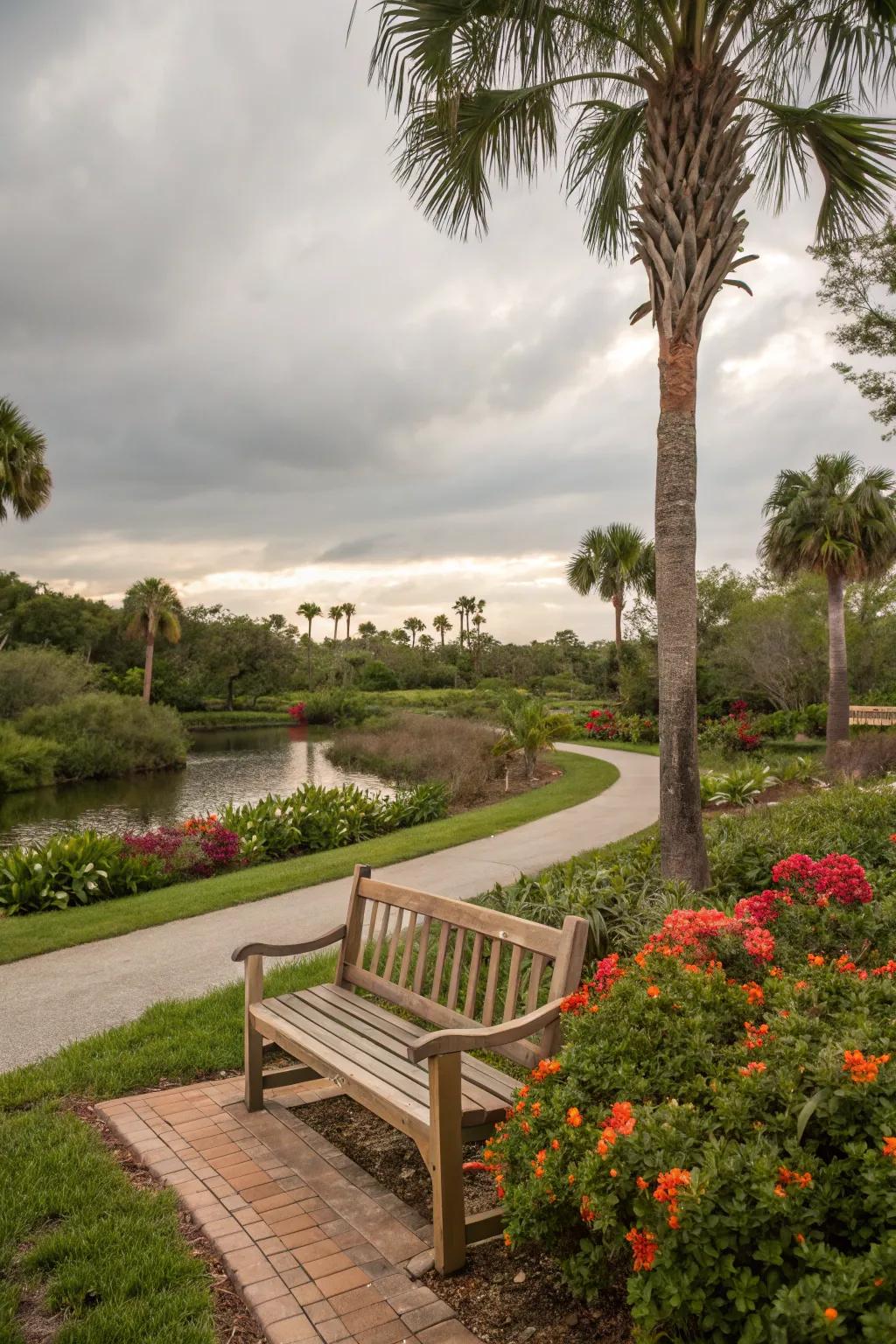 A bench or swing offers a perfect spot where one enjoys the scene.