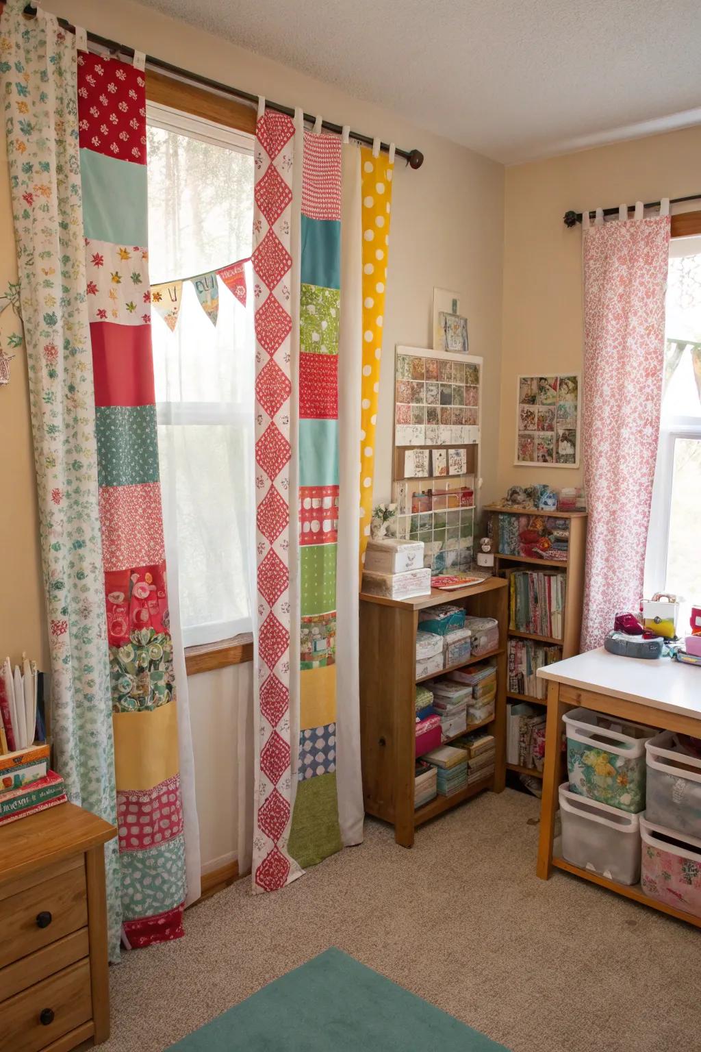 Textile collage drapes usher playfulness and creativity.