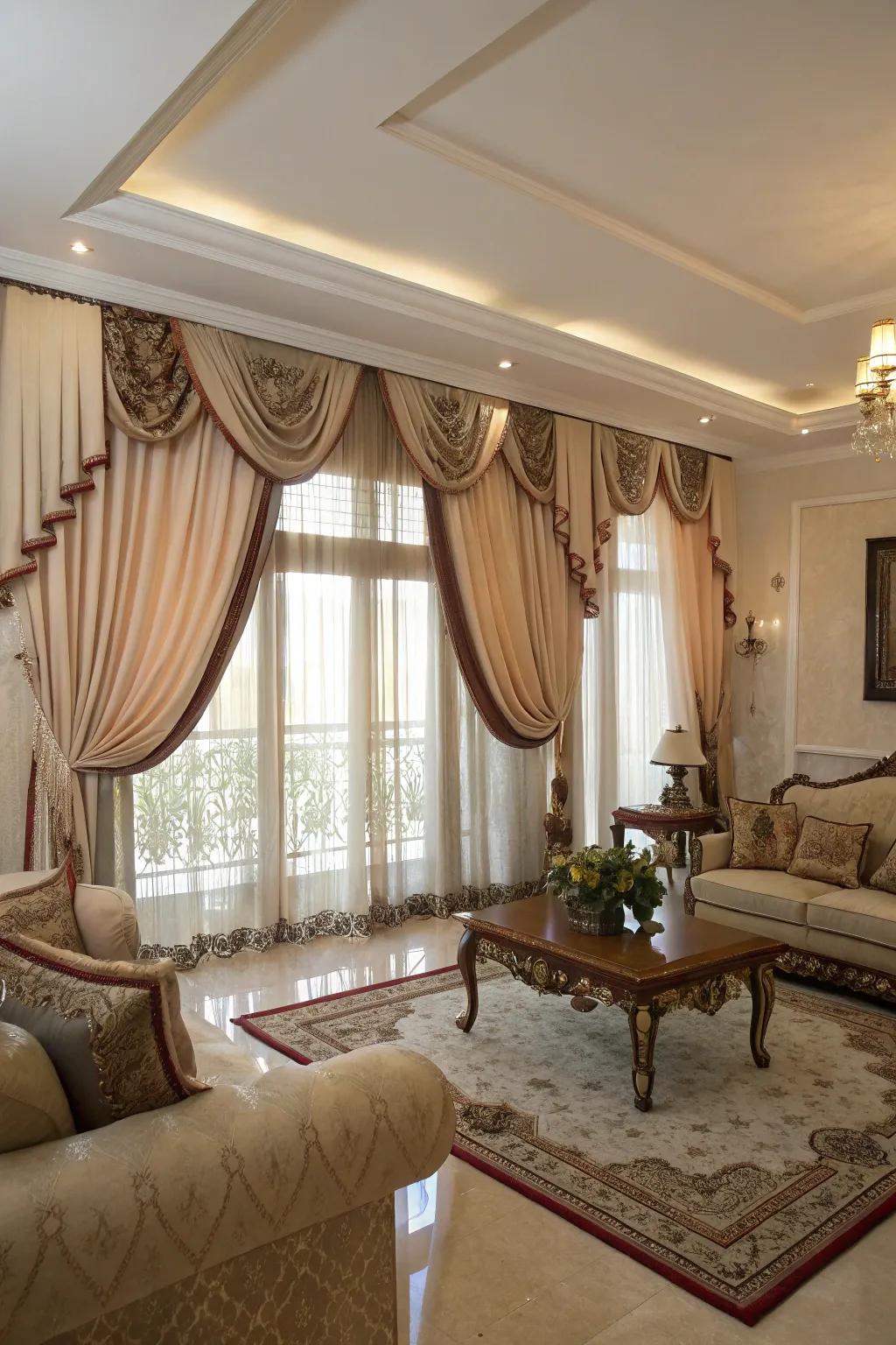 Opulent living room drapes with gloss ribbon embellishments.