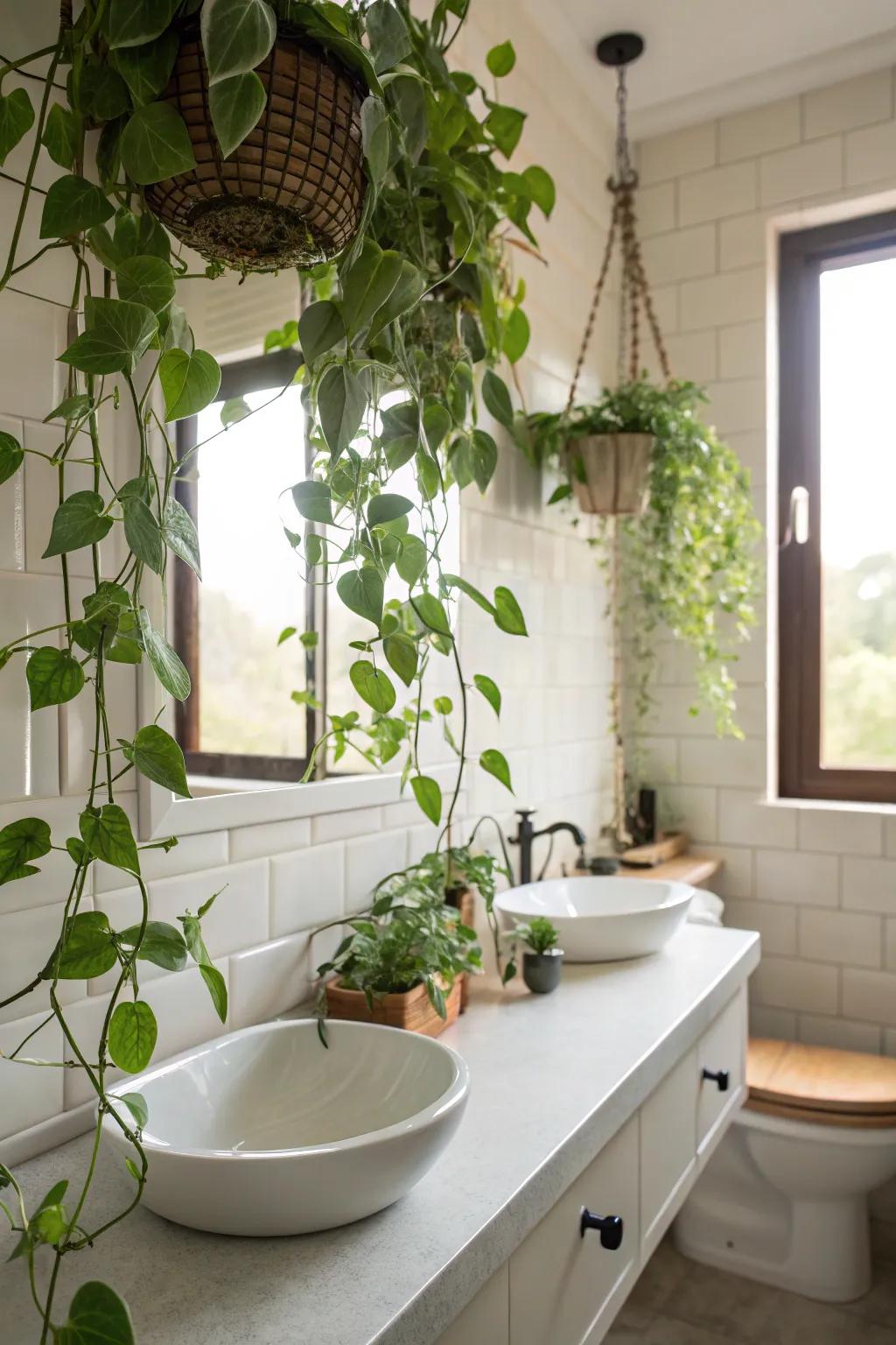 Hanging plants introduce natural beauty and a refreshing touch to your bathroom setting.