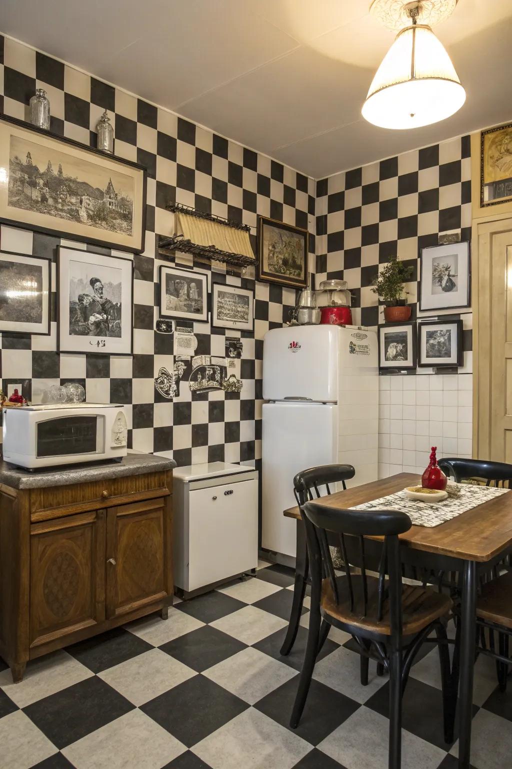 A kitchen with black and white tiles wall covering, adding a chic retro touch.