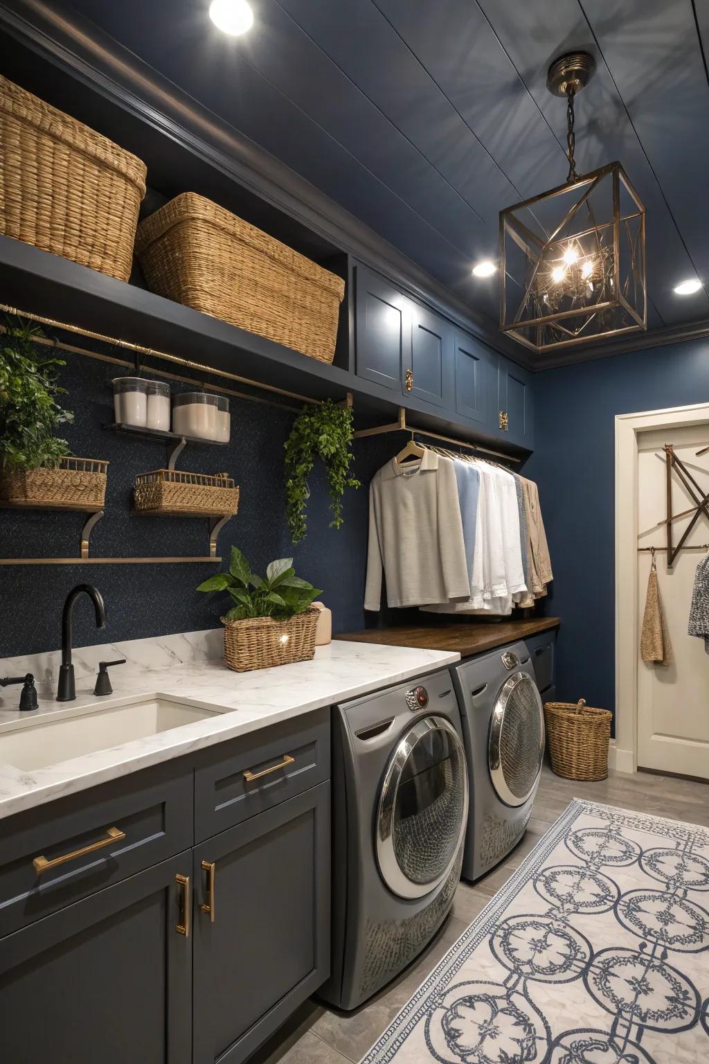 Unexpected elegance within a functional space showcasing a deeply shaded cerulean overhead.
