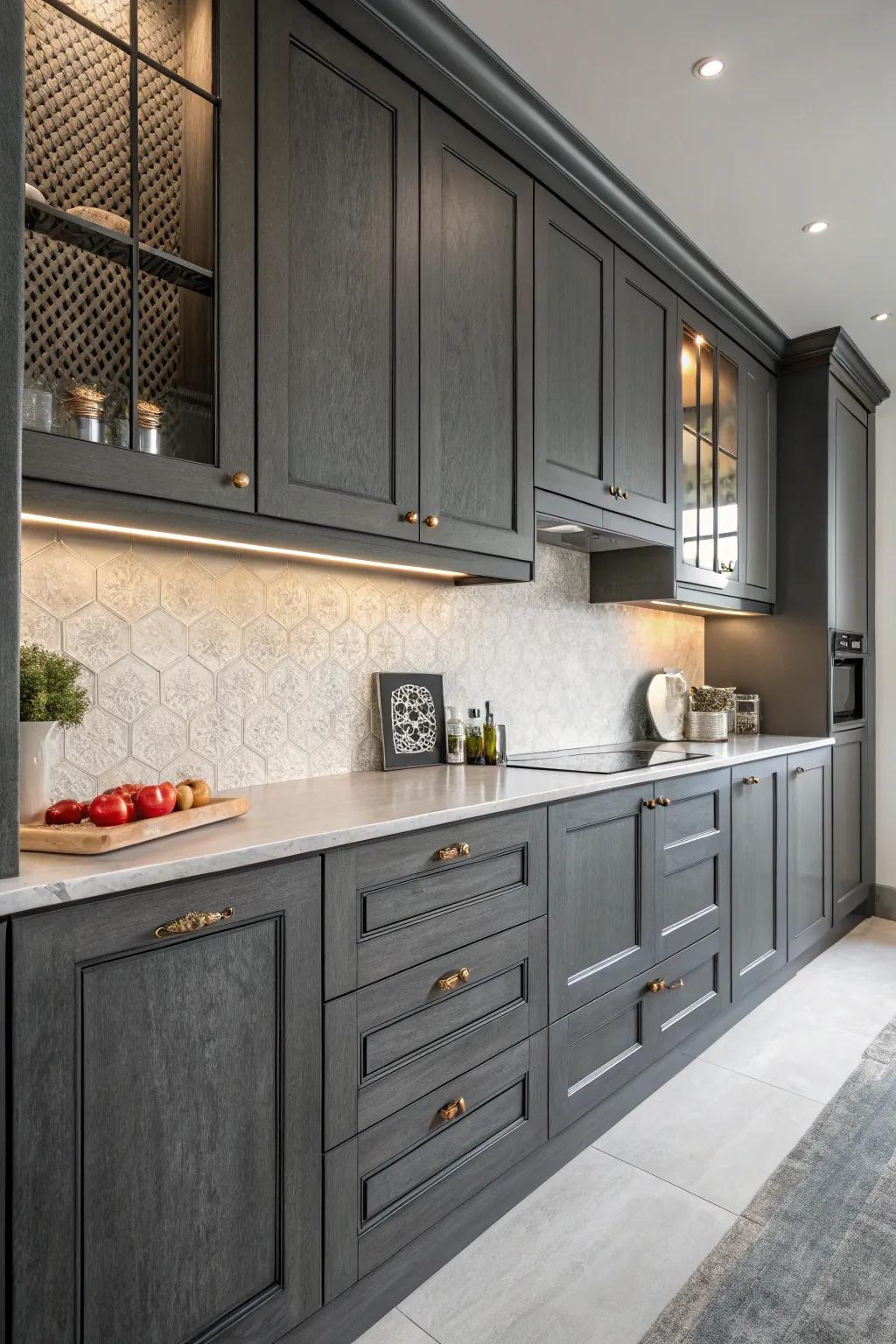 Subtle textures enhancing the depth and elegance of deep charcoal cabinets.