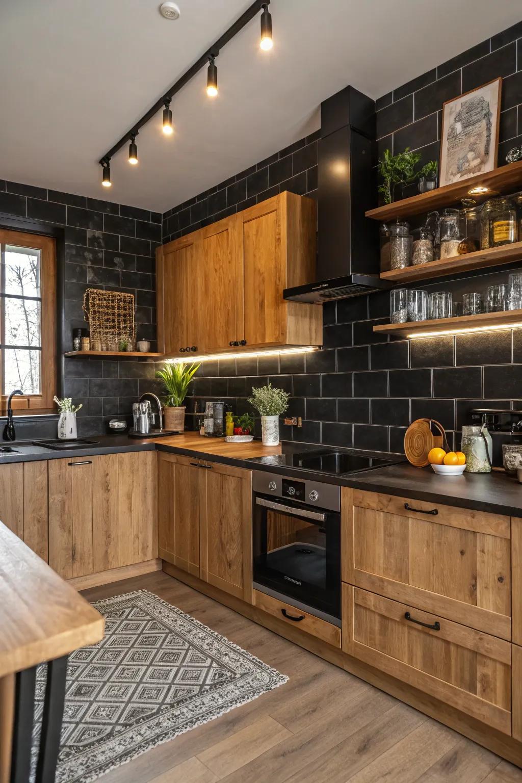 A harmonious kitchen that combines a dark backsplash with timber features.
