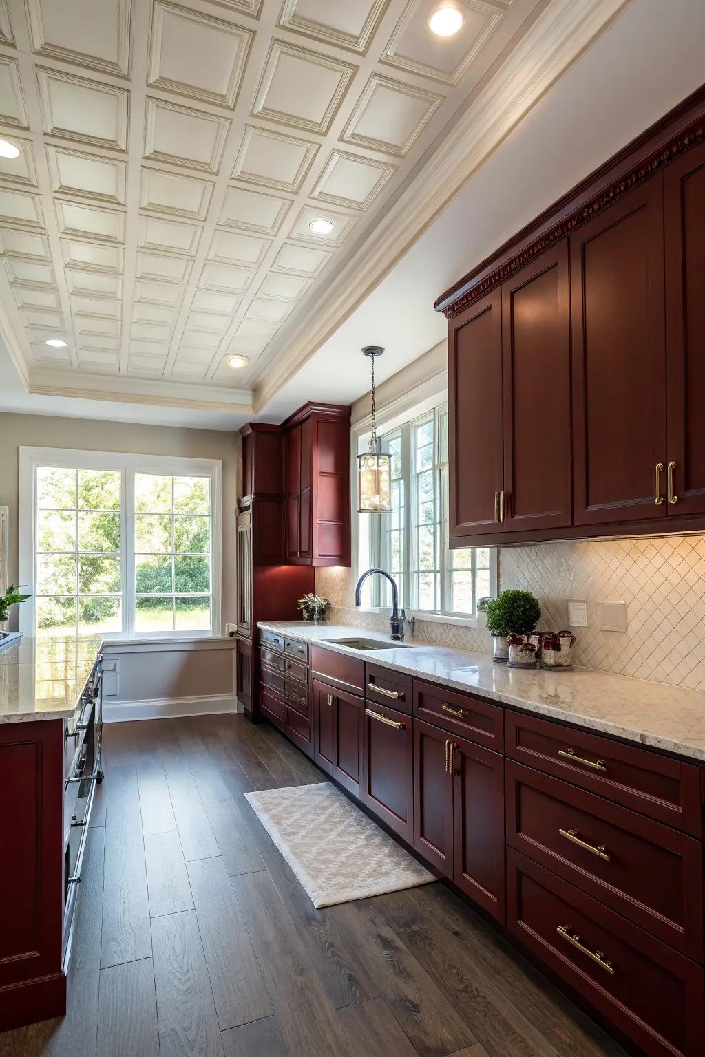 Intriguing kitchen featuring a uniquely tinted overhead and dark red cabinets.