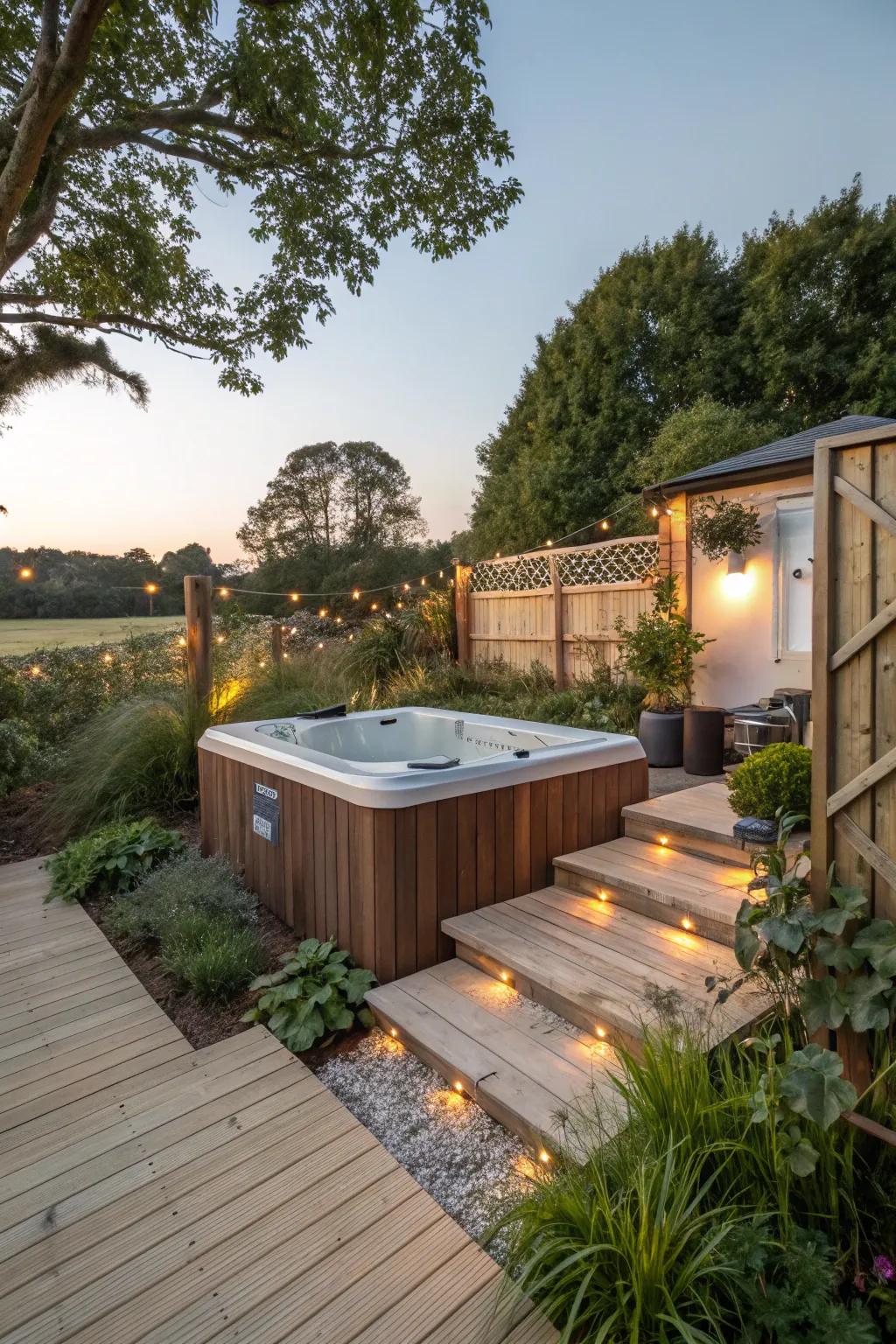 An eco-conscious hot tub oasis utilizing sustainable materials.