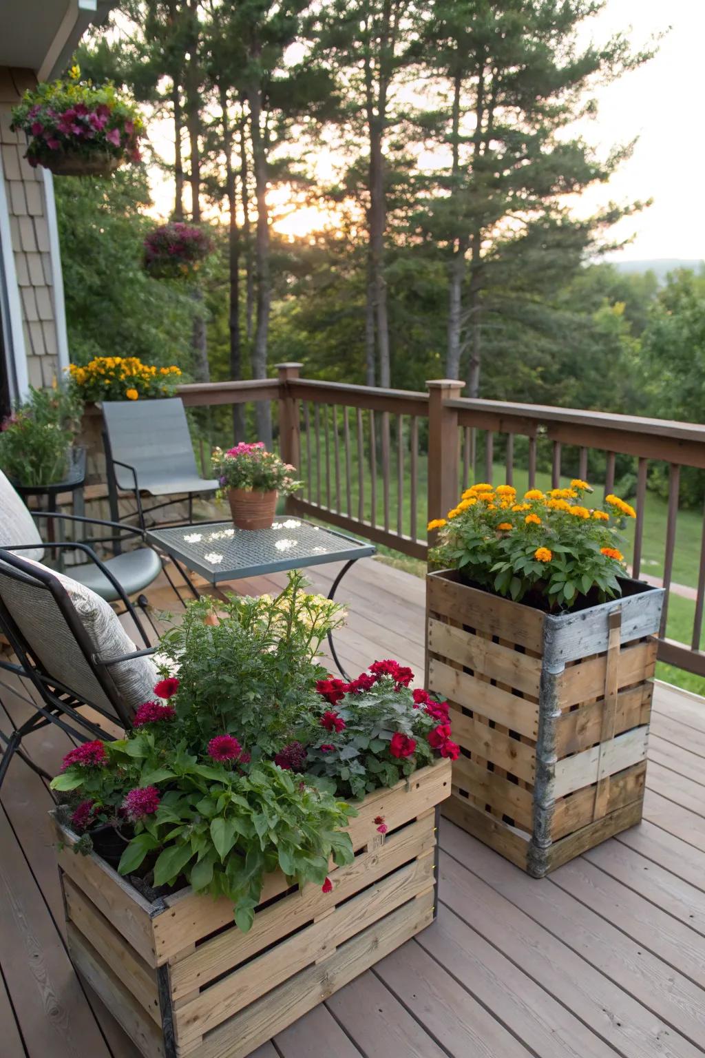 Repurposed planters infuse charm and sustainability to your deck.