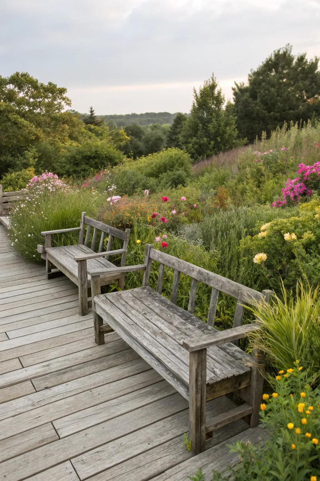 Reclaimed timber benches present an eco-conscious and stylish choice.