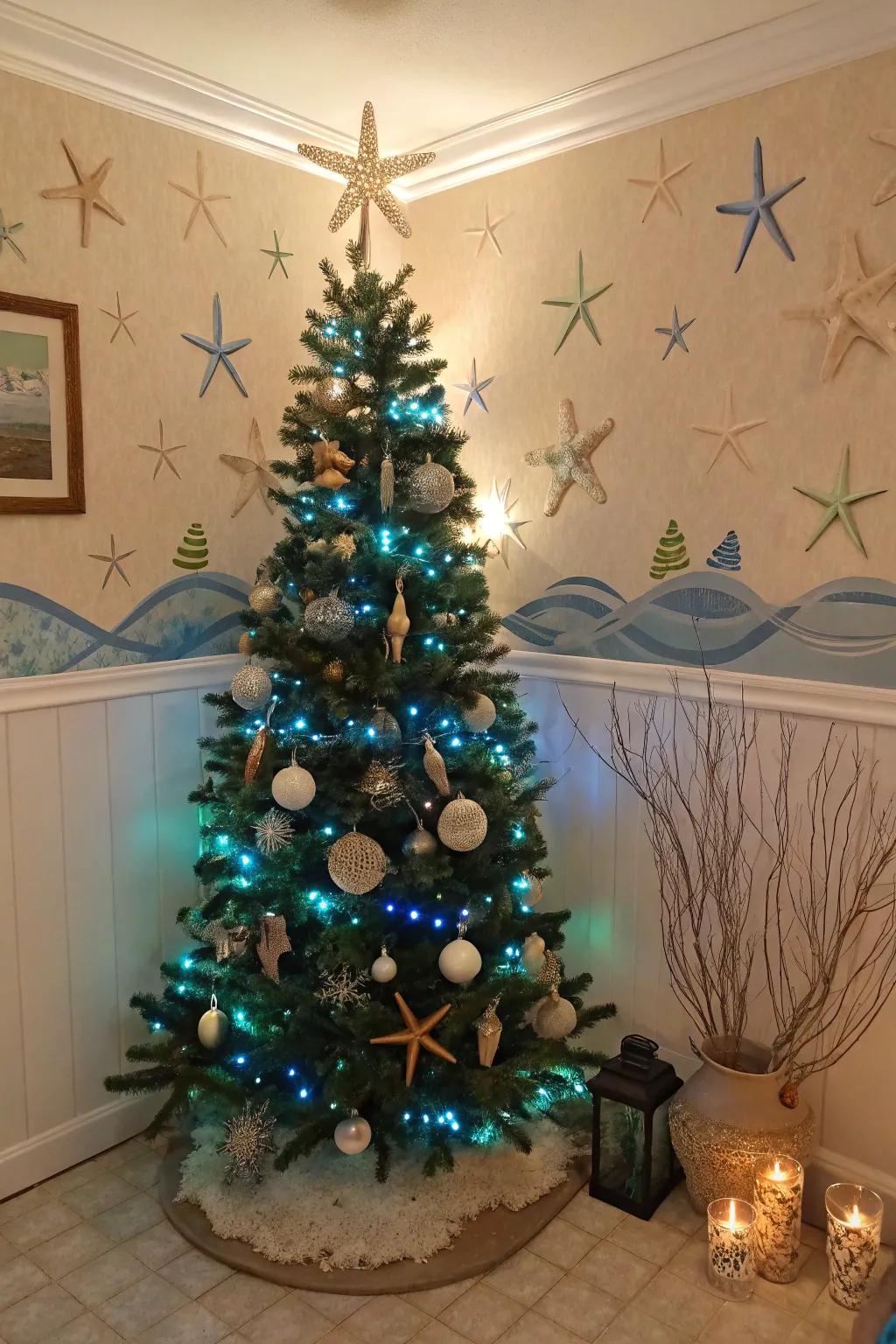 An under-the-sea Christmas tree showcasing marine illumination and embellishments.