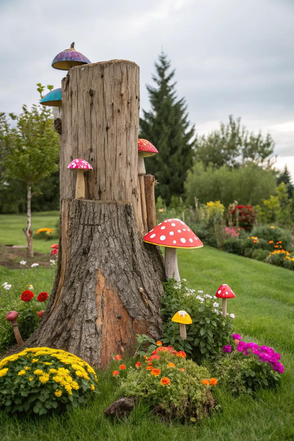 Add whimsy with fungus decorations on a tree stump.