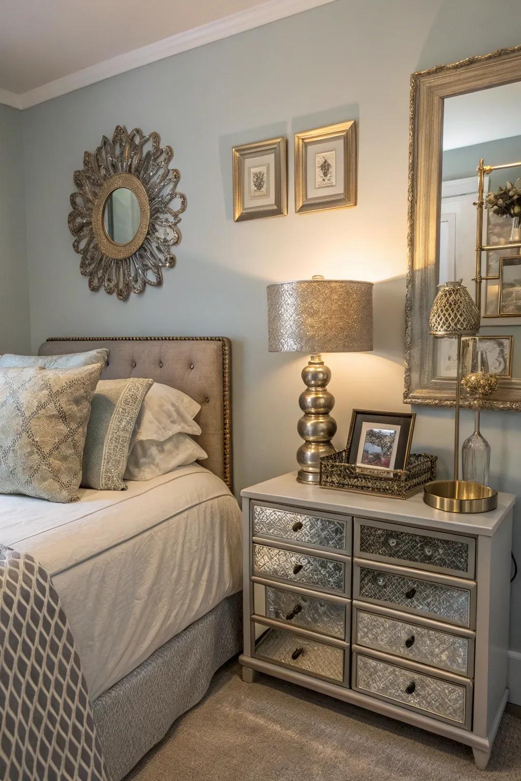Metallic accents add elegance and brightness to a small bedroom.