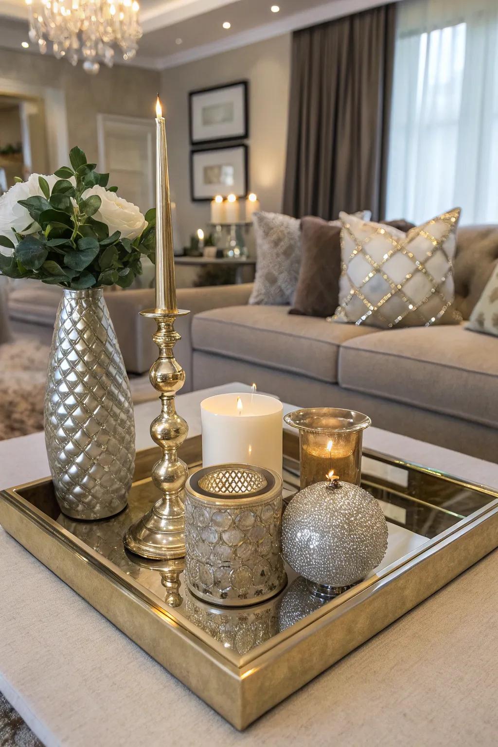 Polished glimmer using metallic accents on a board.