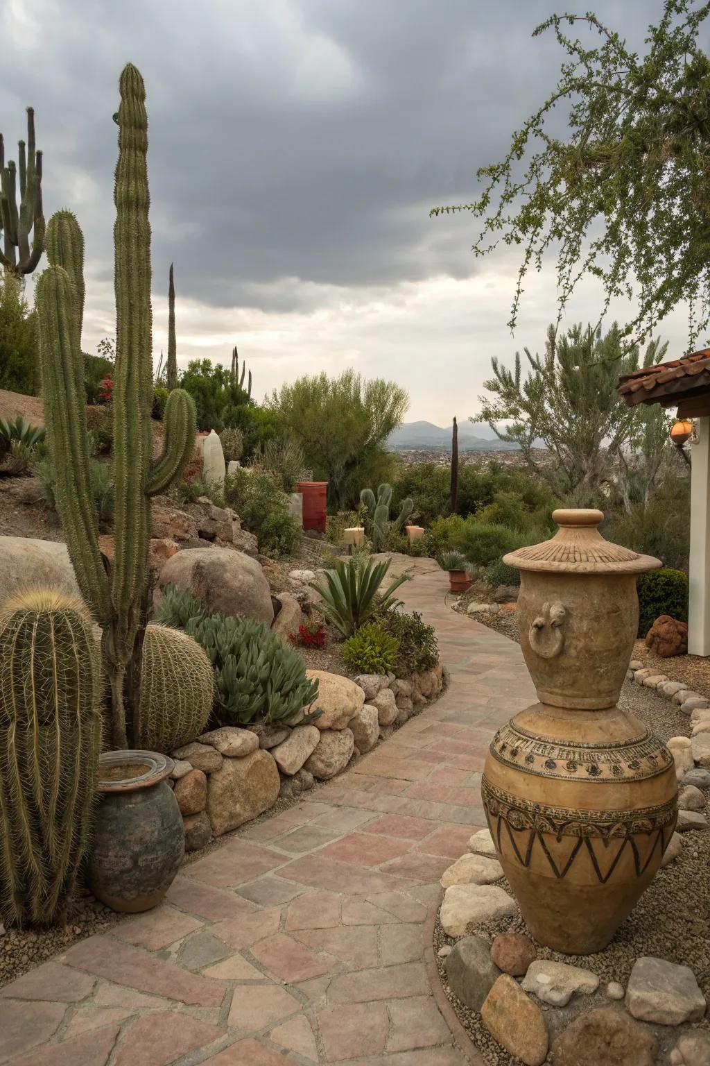 Southwestern-inspired artistic elements infuse the landscape with personality.