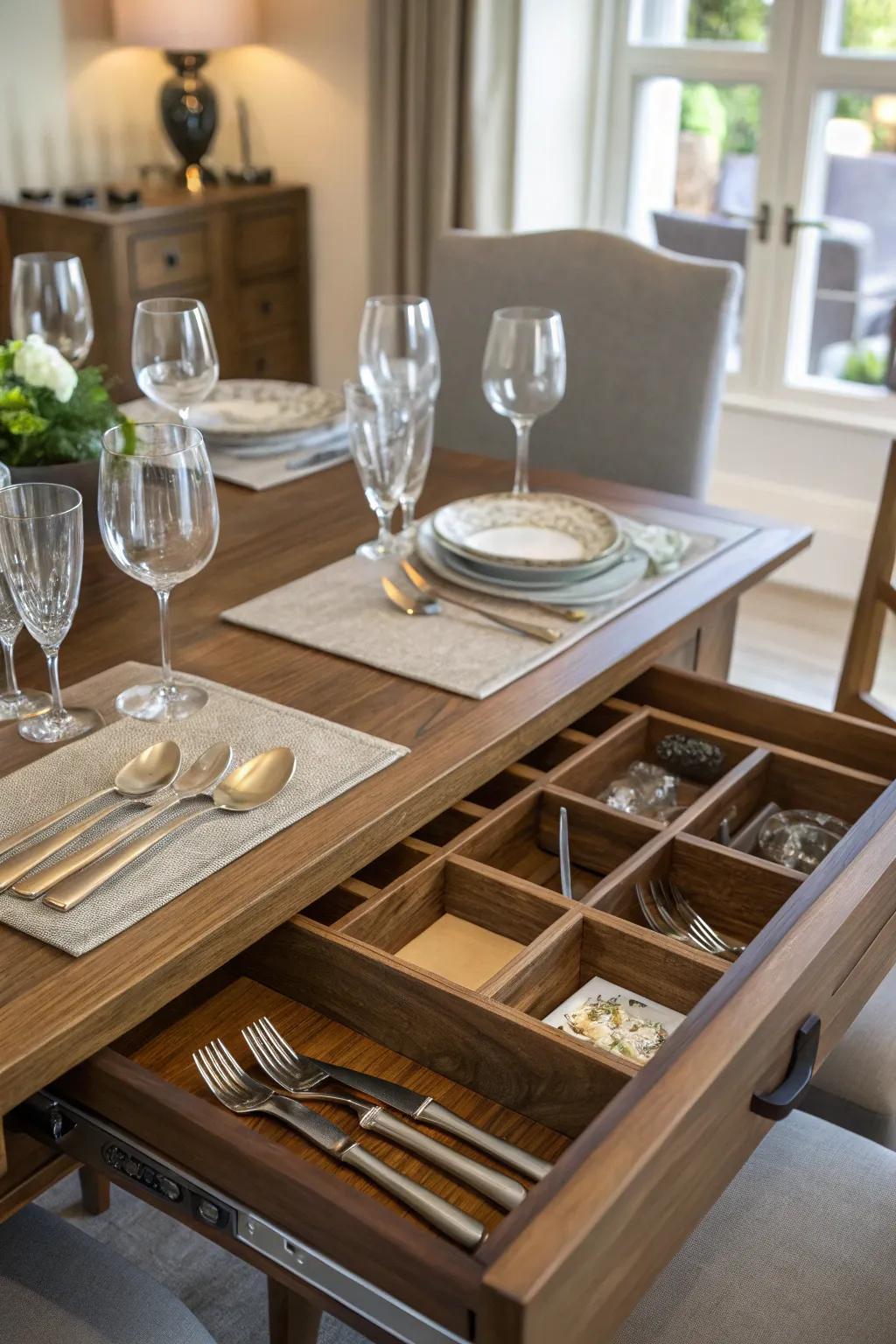 Hidden compartments introduce a playful yet practical aspect to your dining room storage.