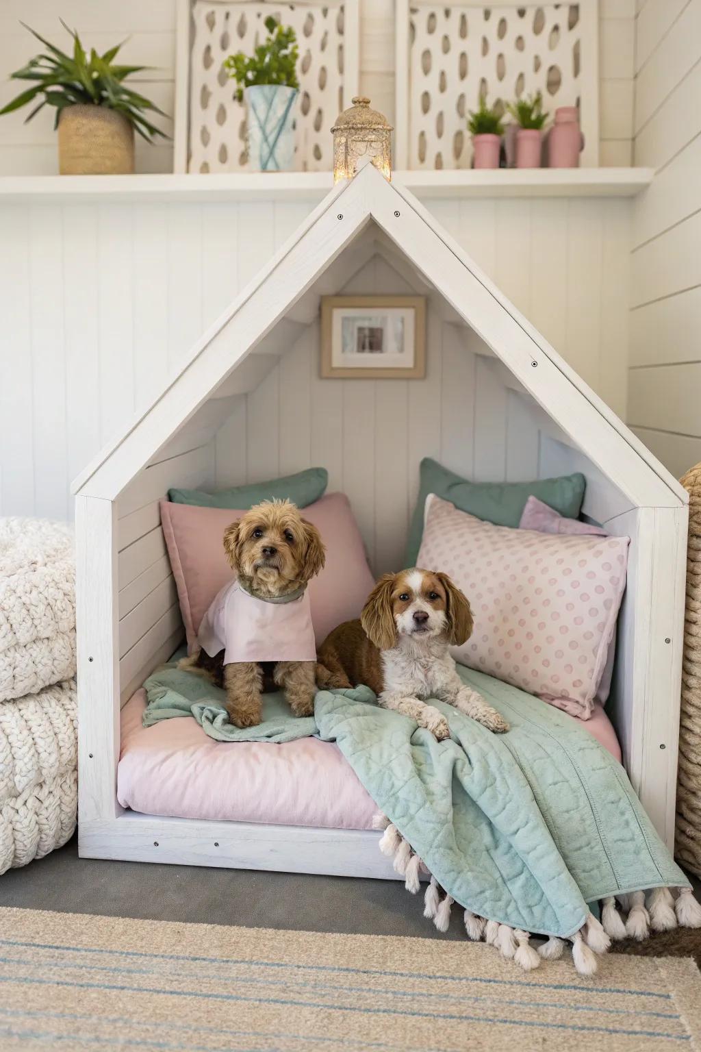 A symmetrical canine niche showcasing balanced décor and comforting bedding, culminating in a serene ambiance.
