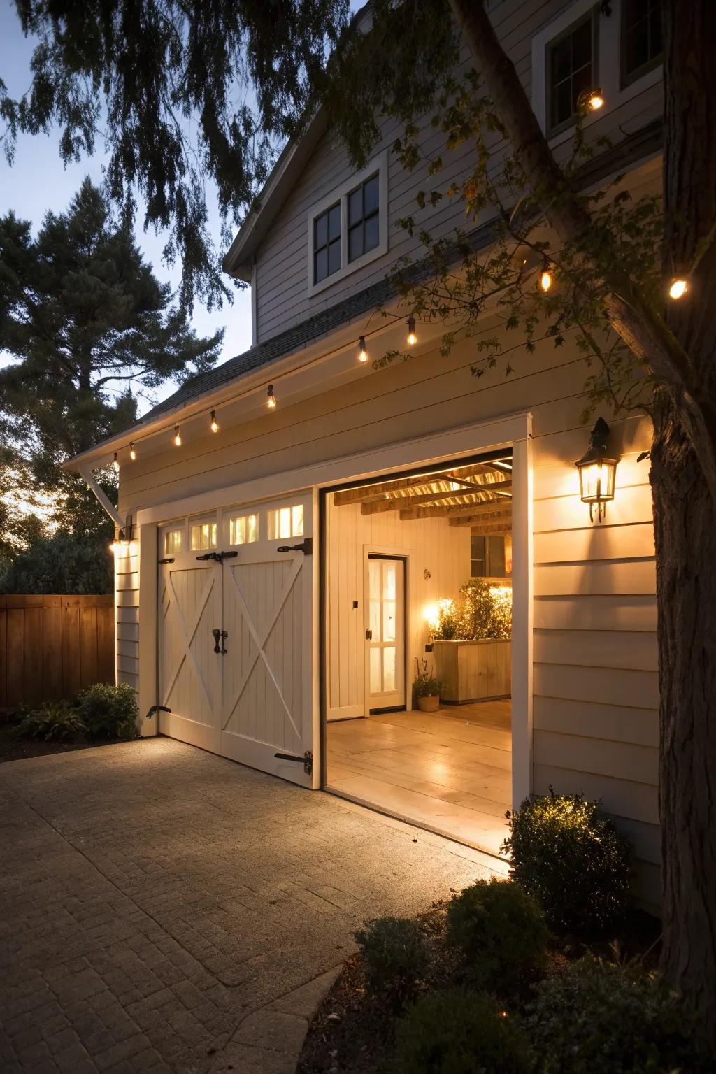 Warm lighting enhances the door's welcoming appeal.