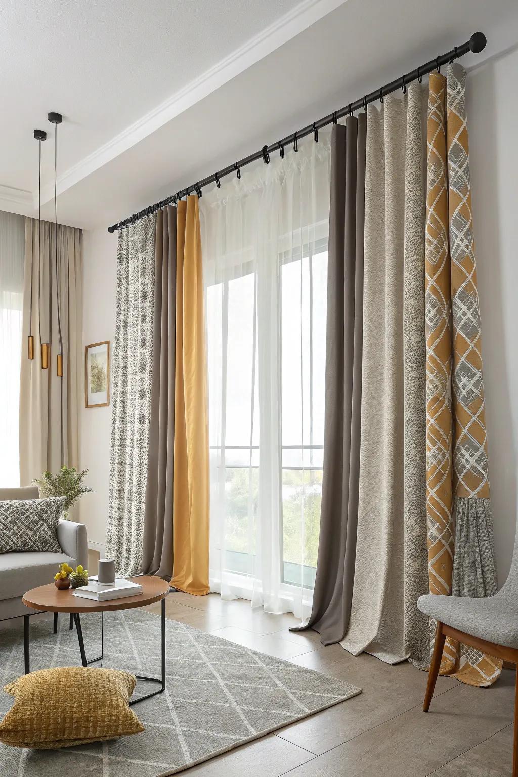 Varying curtain lengths adds visual interest.