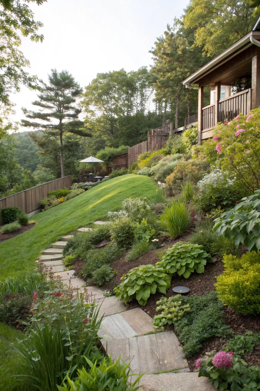 Indigenous plant borders enhance the innate splendor of a sloped garden.