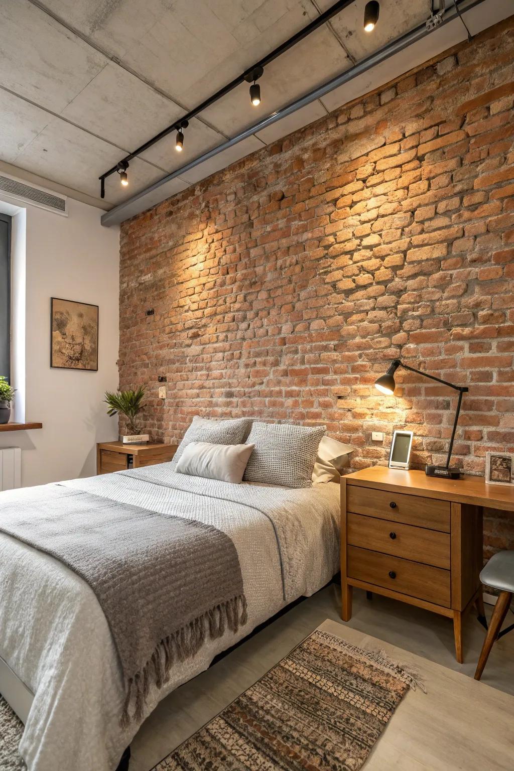 An exposed brick wall injects industrial texture.